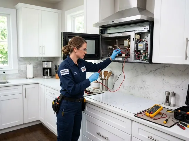 Appliance Repair Hero technician testing an over-the-range microwave in a Aynor, SC kitchen